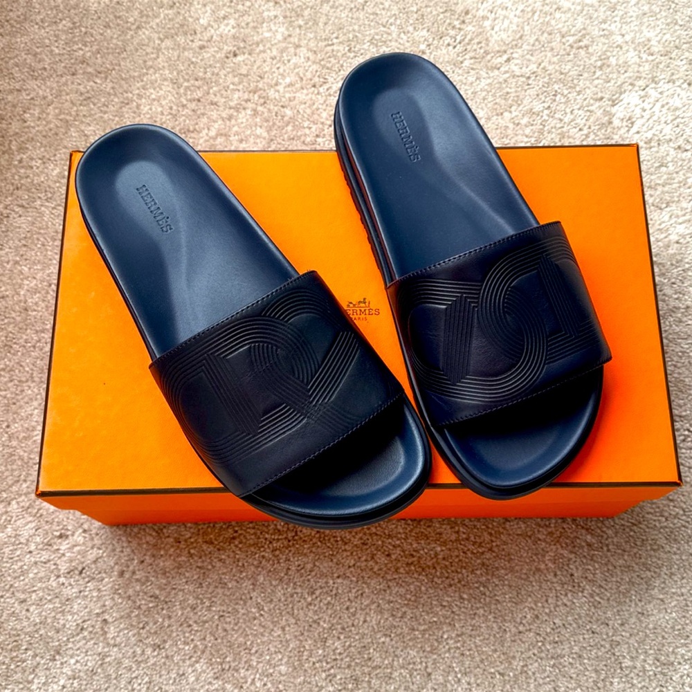 Hermes Blue Leather Biarritz Slide Sandals
